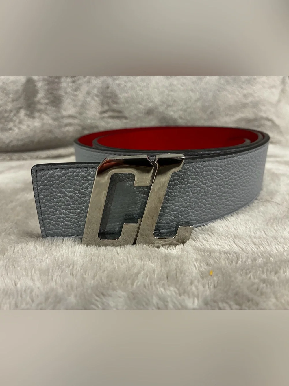 Christian Louboutin Leather Men's Belt with Silver CL Buckle and Red Lining